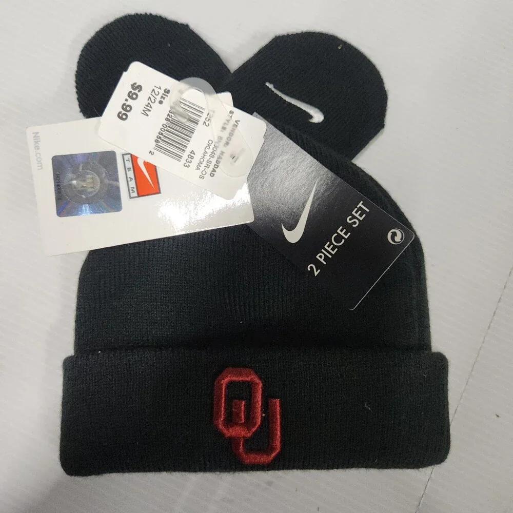 Nike Oklahoma Sooners Baby Beanie Hat and Mittens Set 2 Black 12/24M Acrylic